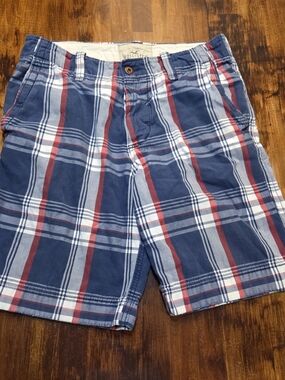 Mens Hollister Plaid Cargo Shorts Button Fly Blue Heavy Cotton Sz 30 (32x9") Y2K